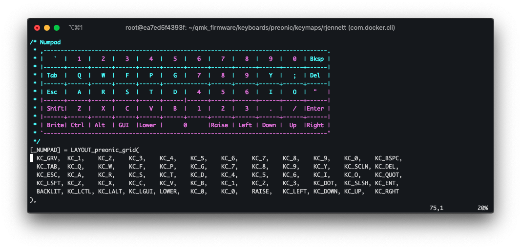 Modified Colemak layer as numpad layer matrix